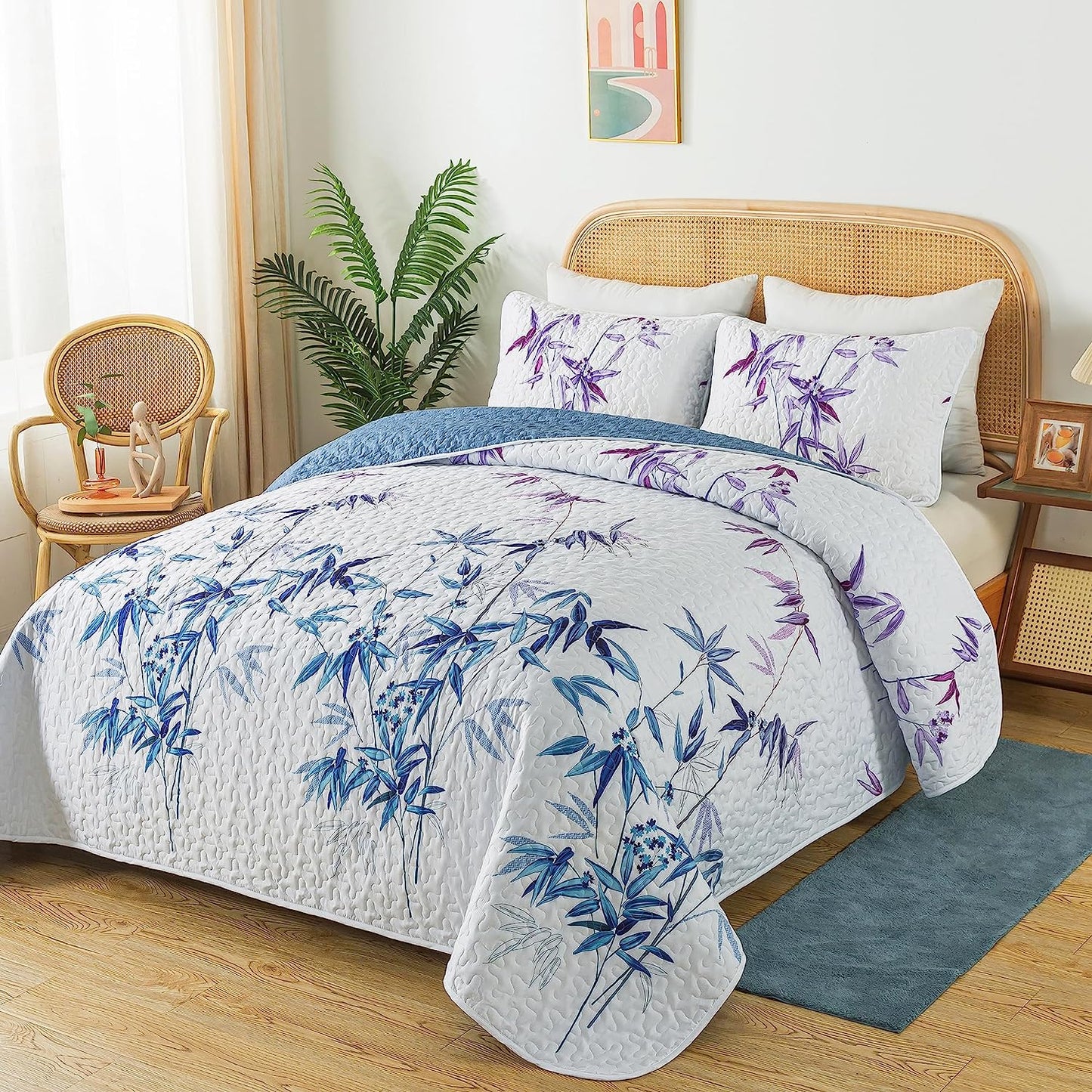 Botanical Blue / Purple Leaves Reversible 3 Piece Bedding Quilt Set