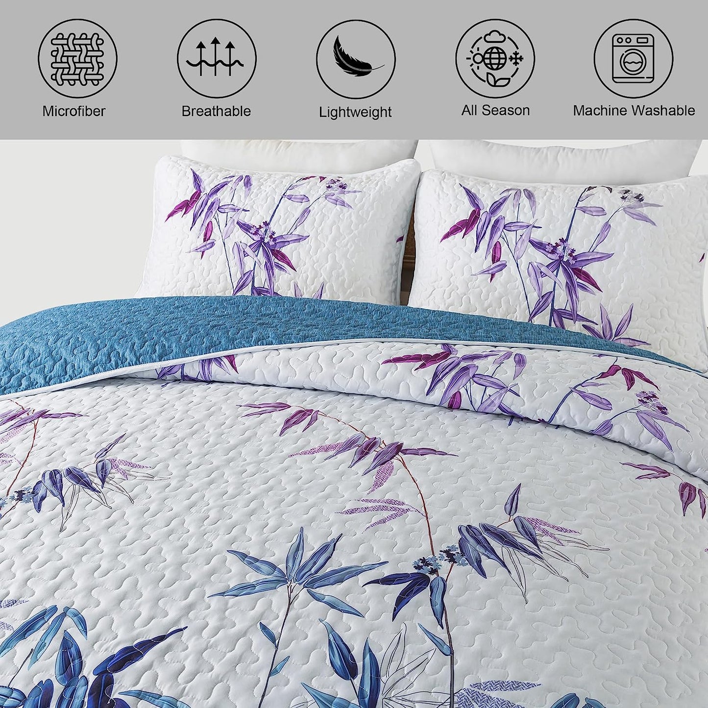 Botanical Blue / Purple Leaves Reversible 3 Piece Bedding Quilt Set