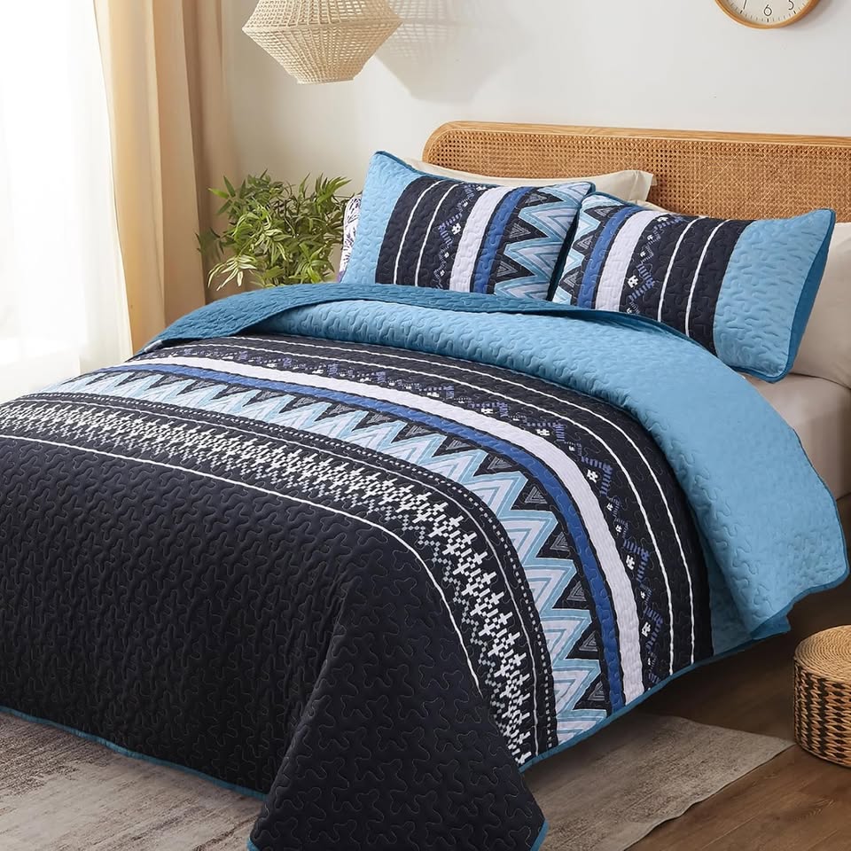 Boho Chevron Blue & Black Reversible 3 Piece Quilt Set