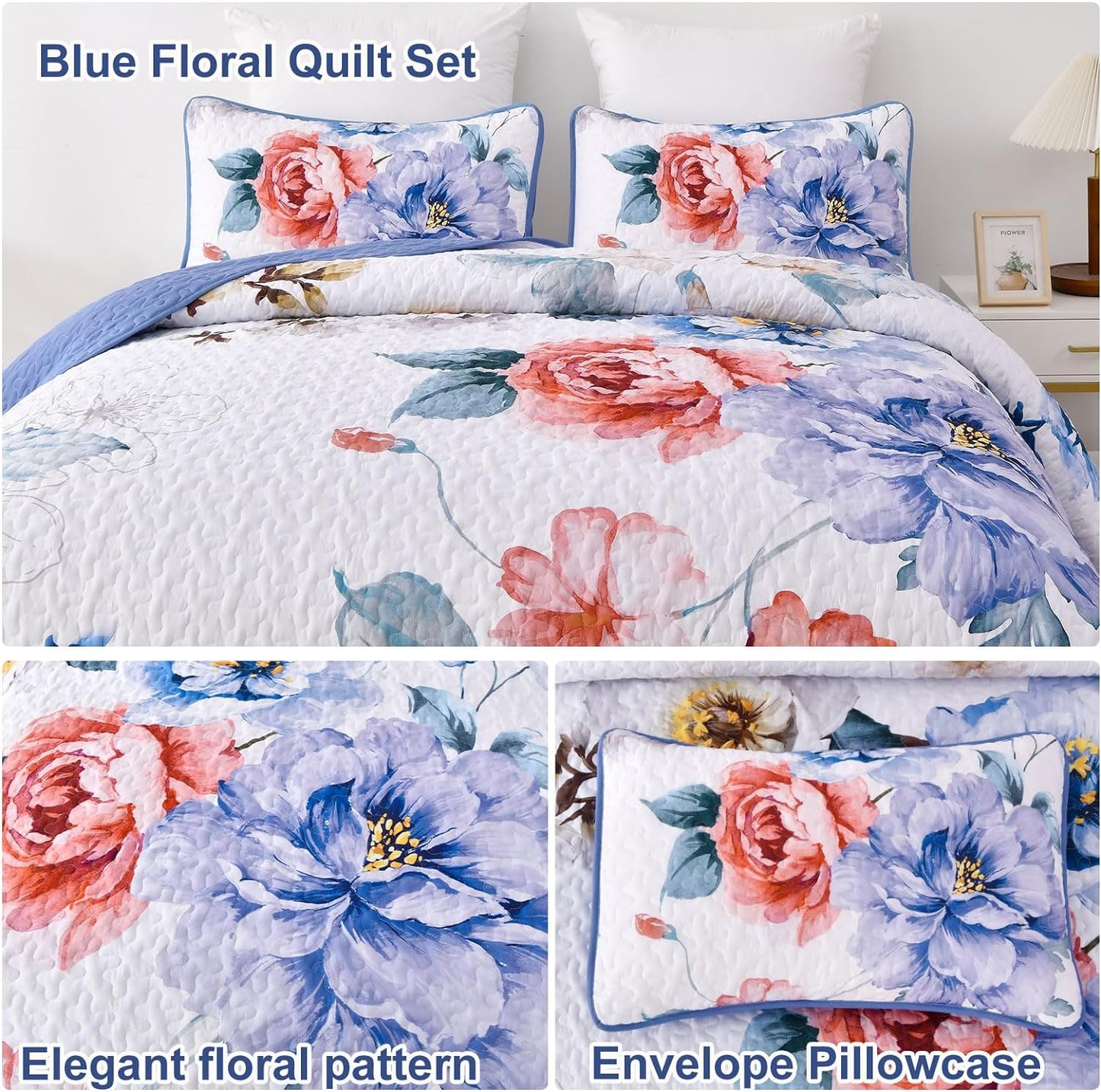 Botanical Blue Floral Reversible 3 Piece Quilt Set