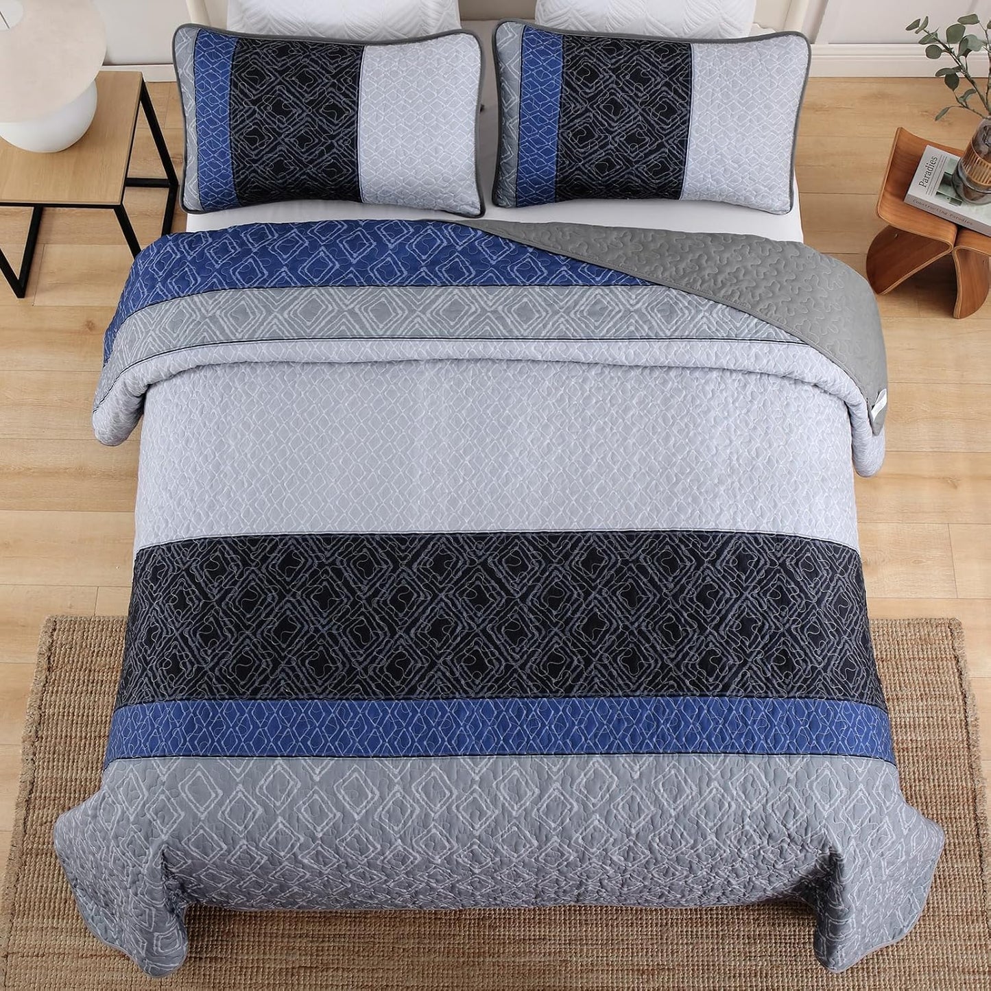 Boho Grey, Blue & Black Stripes 3 Piece Bedding Quilt Set