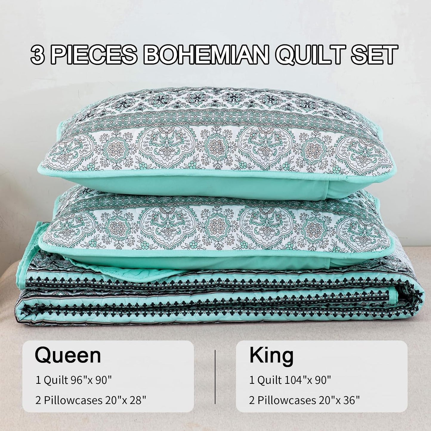Bohemian Green Reversible 3 Piece Bedding Quilt Set