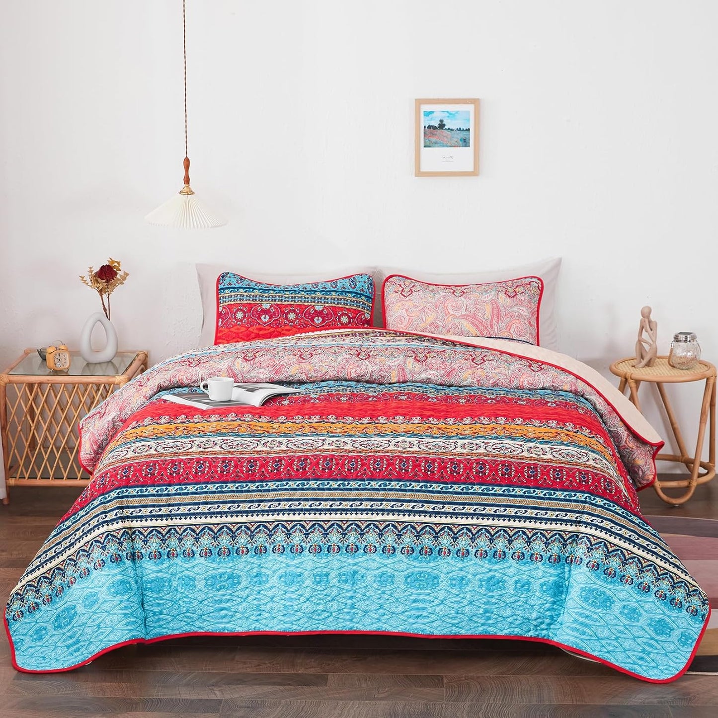 Ensemble de courtepointe réversible 3 pièces bohème orange et bleu