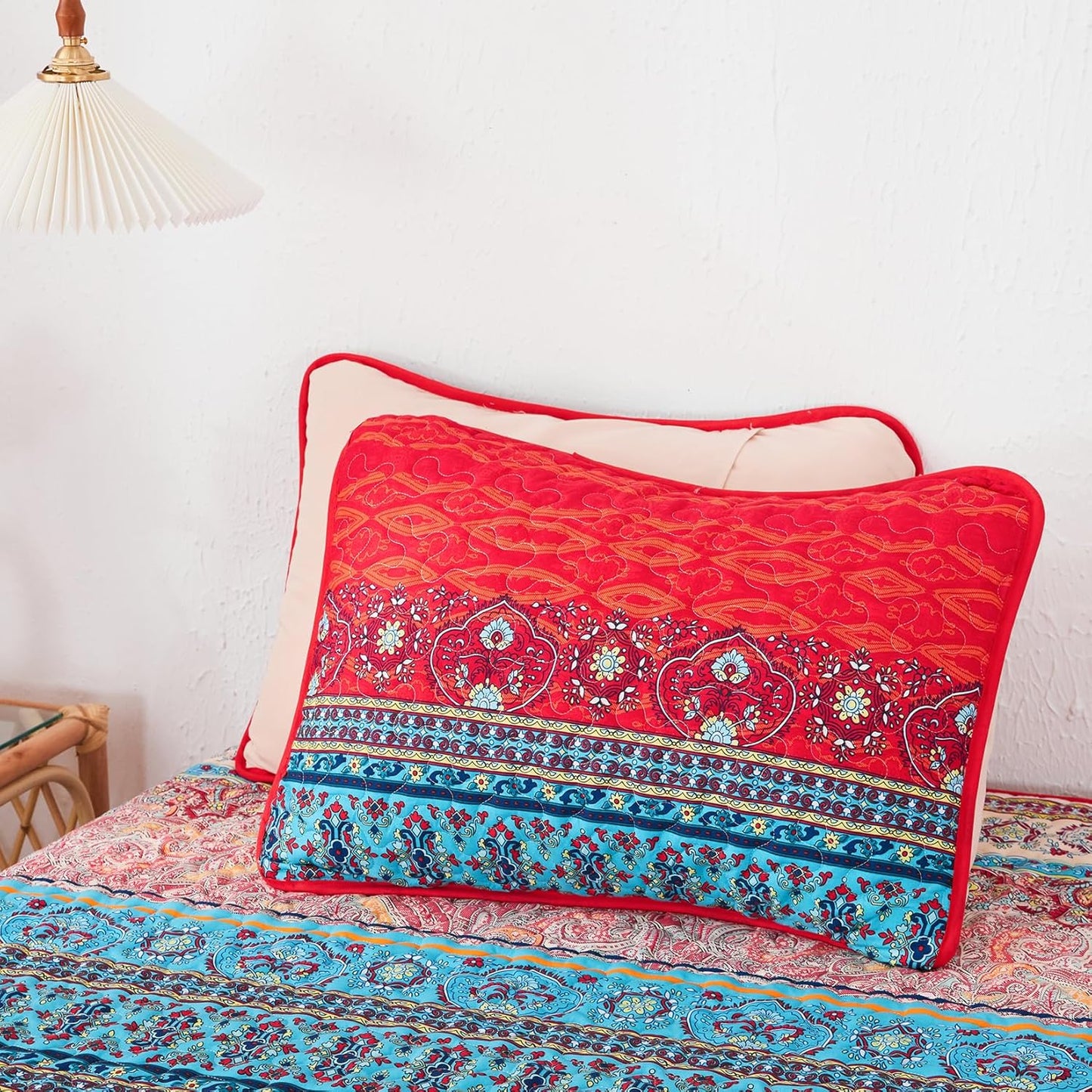 Ensemble de courtepointe réversible 3 pièces bohème orange et bleu