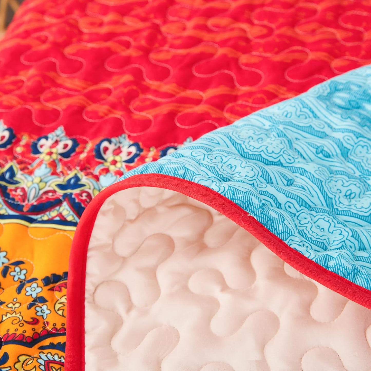 Ensemble de courtepointe réversible 3 pièces bohème orange et bleu