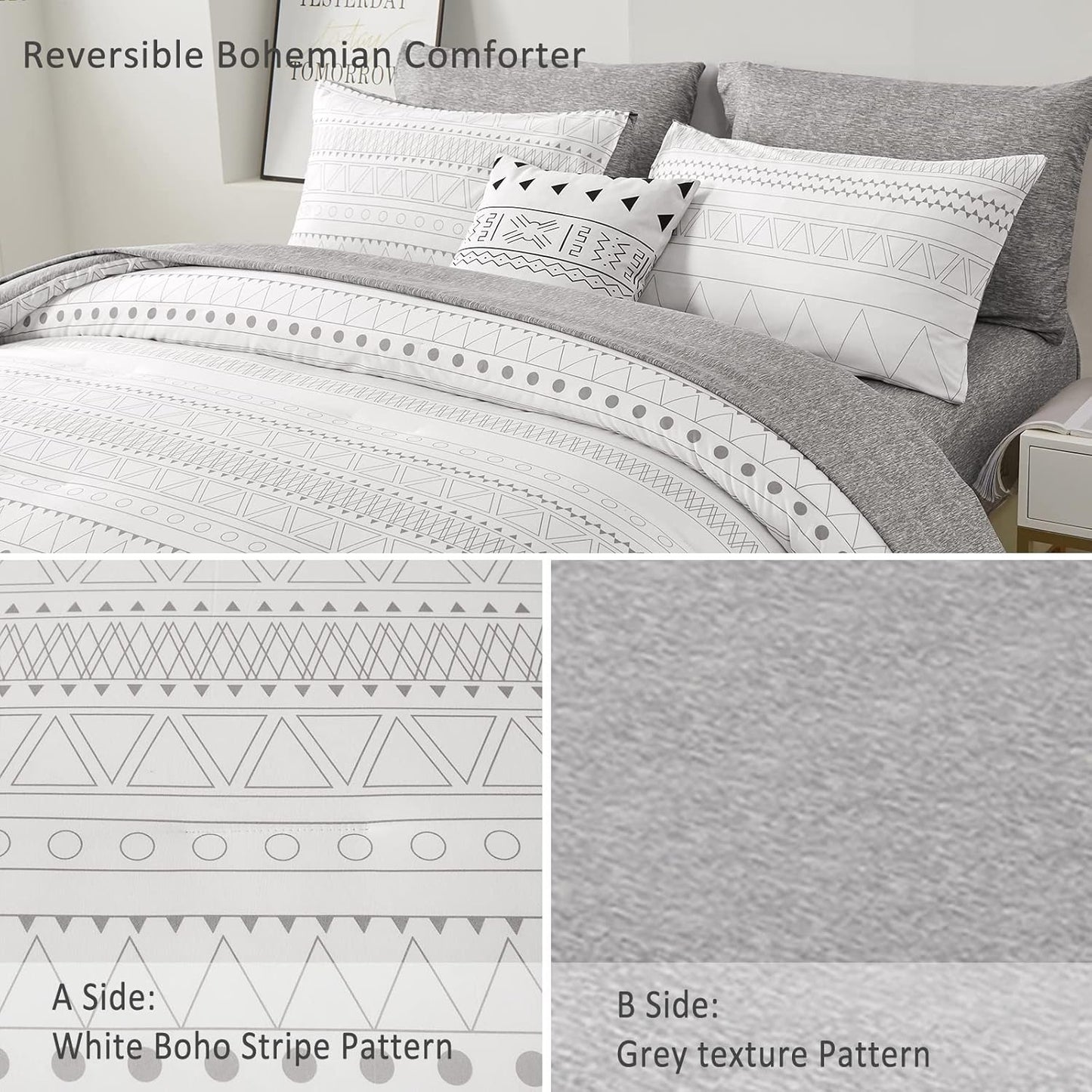 Boho Aztec White Grey 7 Piece Comforter Set