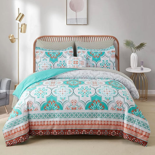 Aqua Boho Damask Reversible 3 Piece Comforter Set