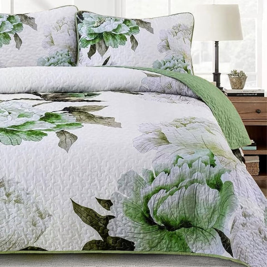 Boho Green Floral 3 Piece Quilt Set