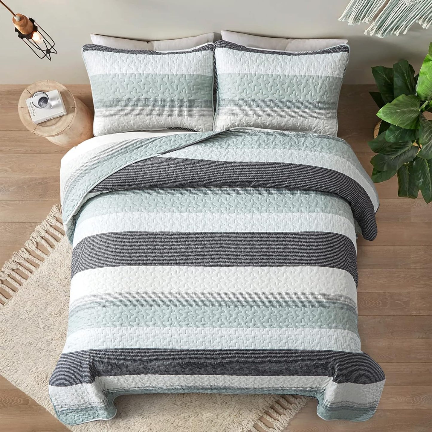 Boho Mint Green & Grey Reversible 2/3 Piece Bedding Quilt Set