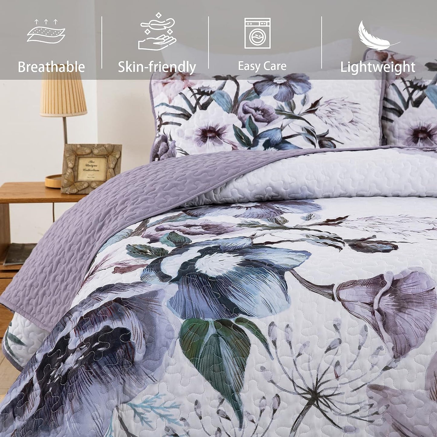 Boho Purple Floral Reversible 3 Piece Bedding Quilt Set