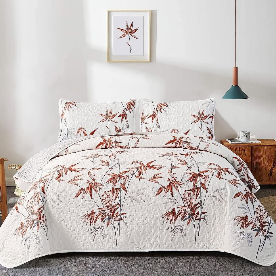 Botanical Burnt Orange Bamboo Leaves 3 Piece Quilt Set