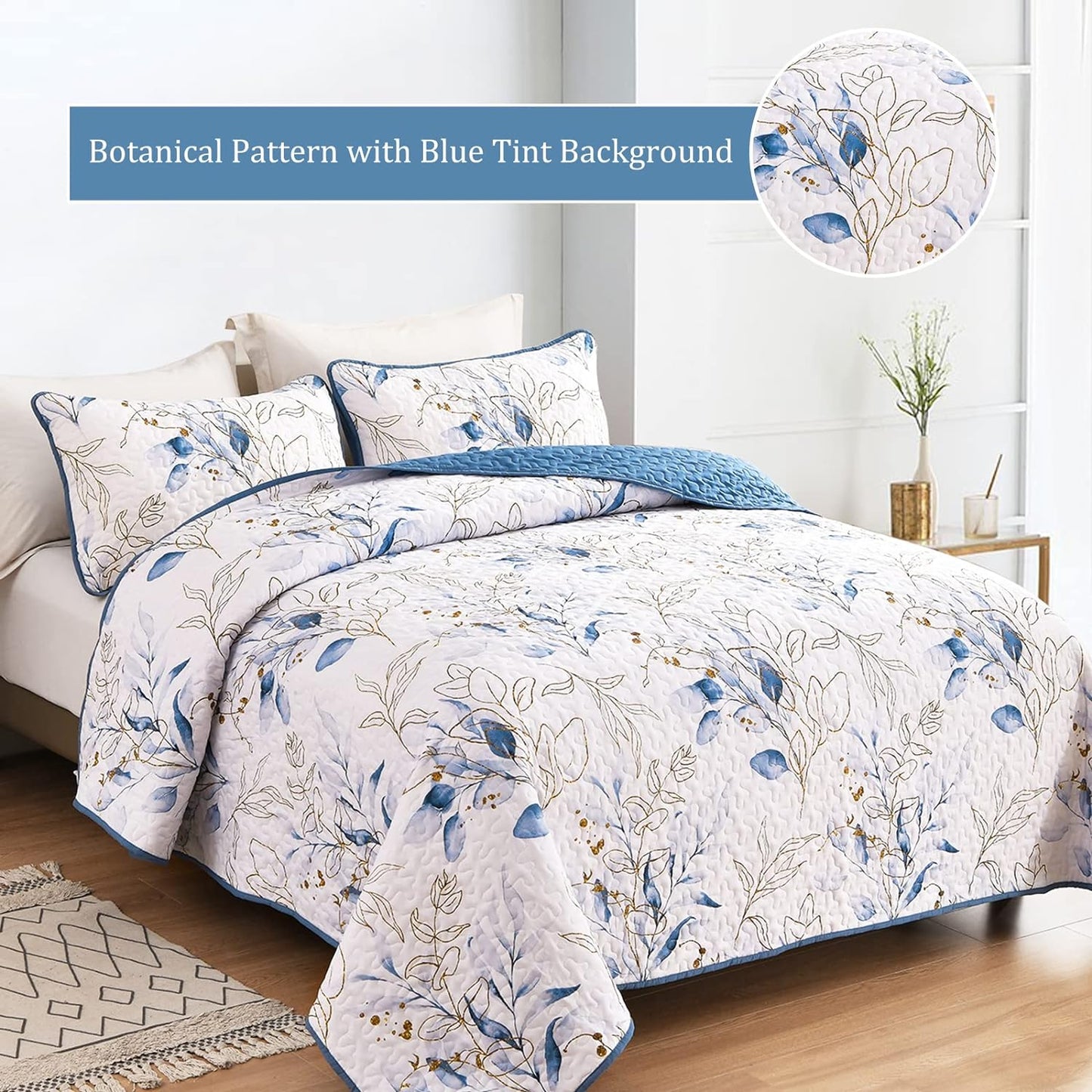 Botanical Blue & Gold Leaves Reversible 3 Piece Bedding Quilt Set
