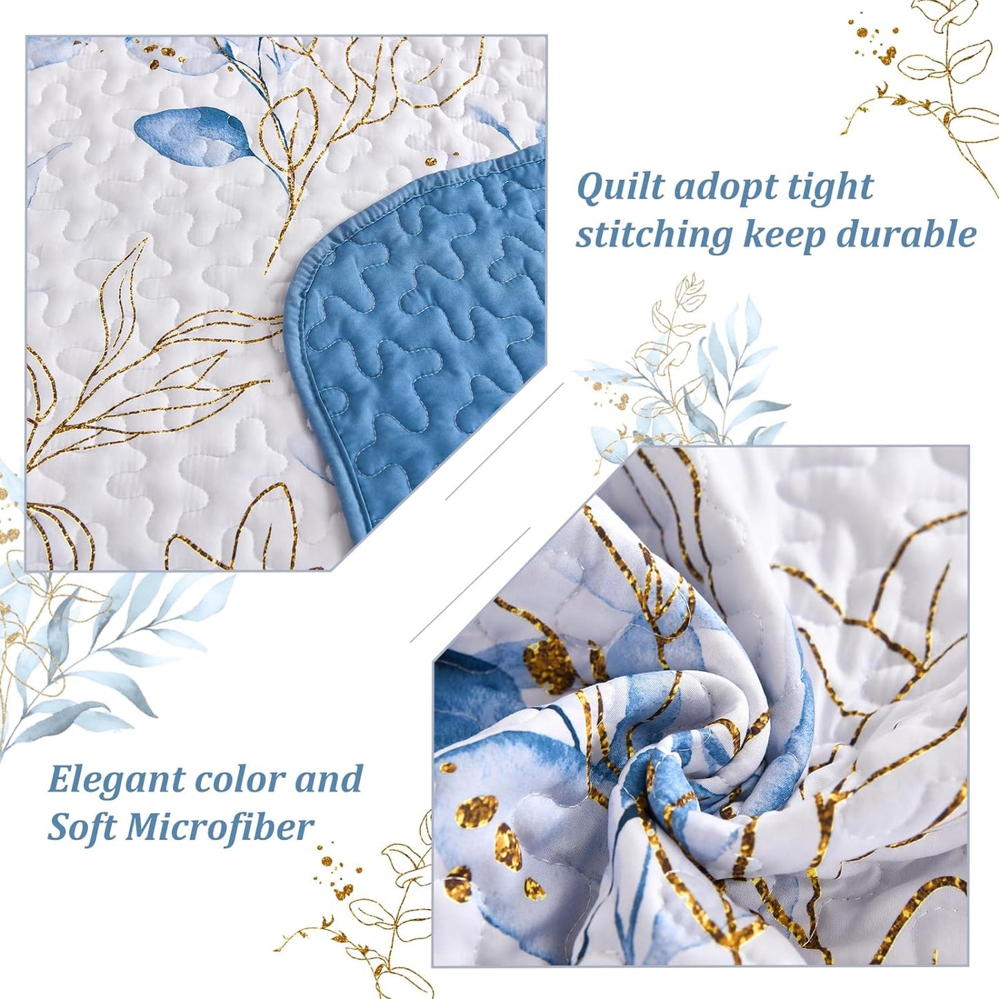 Botanical Blue & Gold Leaves Reversible 3 Piece Bedding Quilt Set