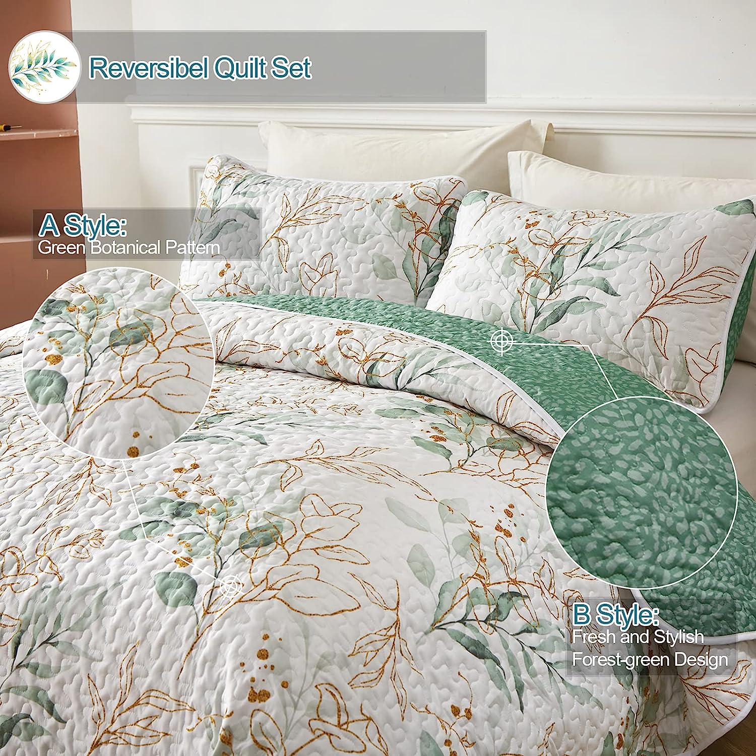 Botanical Green & Gold Leaves Reversible 3 Piece Bedding Quilt Set – DIN's  Warehouse Deals