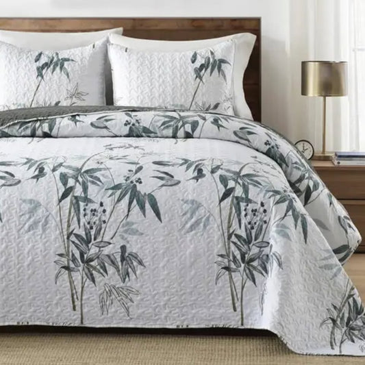 Botanical Greenish Grey Bamboo Leaves 3 Piece Quilt Set