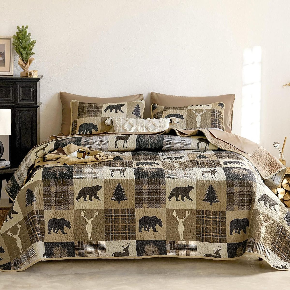 Rustic Bear Deer Brown & Beige Cabin 3 Piece Quilt Set