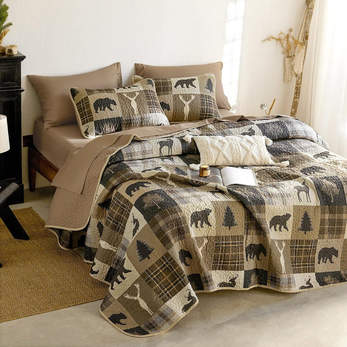 Rustic Bear Deer Brown & Beige Cabin 3 Piece Quilt Set