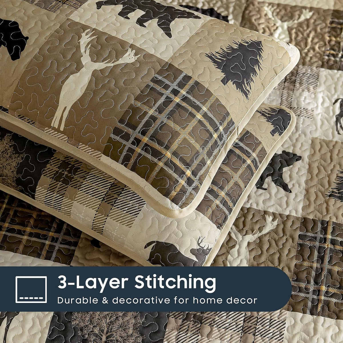 Rustic Bear Deer Brown & Beige Cabin 3 Piece Quilt Set