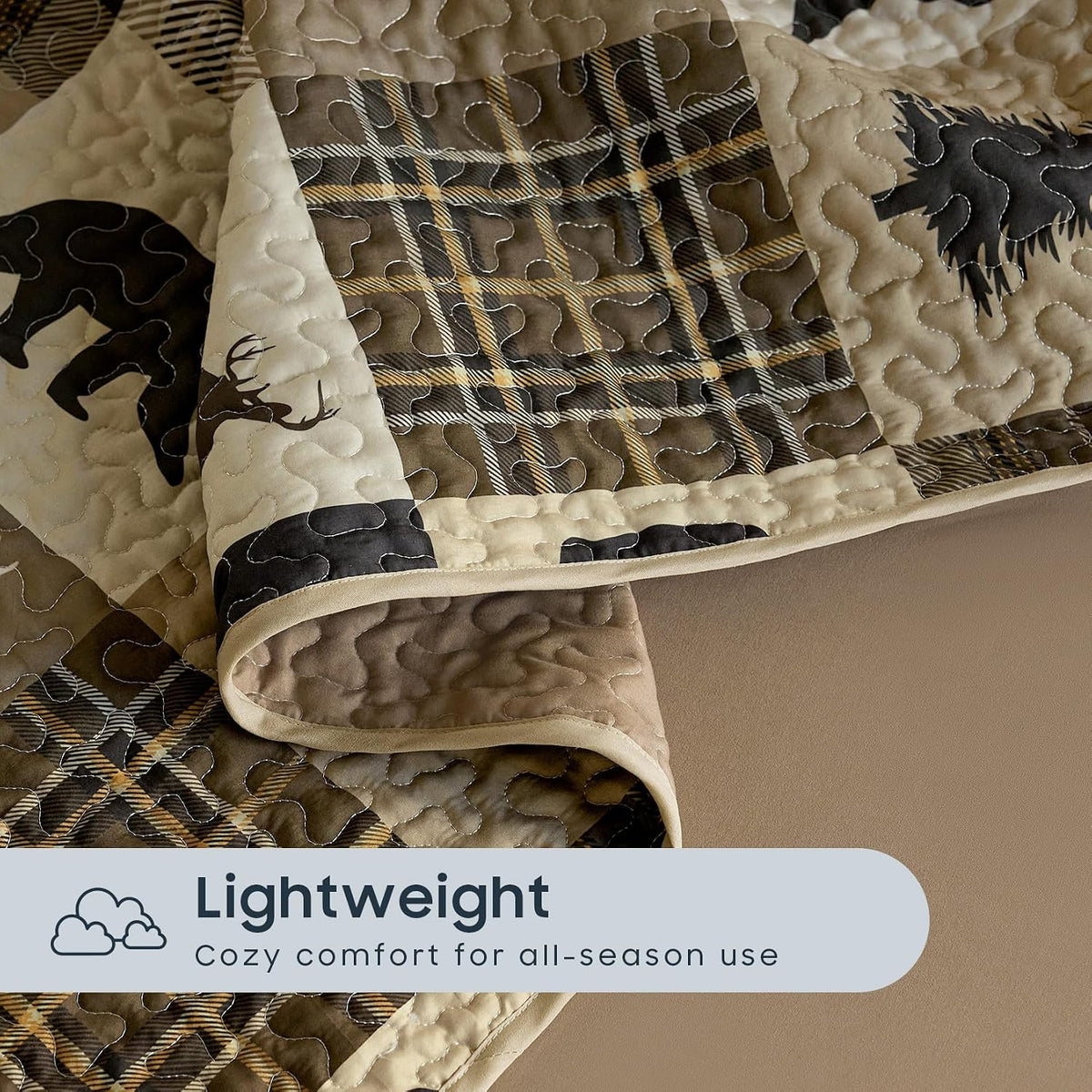 Rustic Bear Deer Brown & Beige Cabin 3 Piece Quilt Set