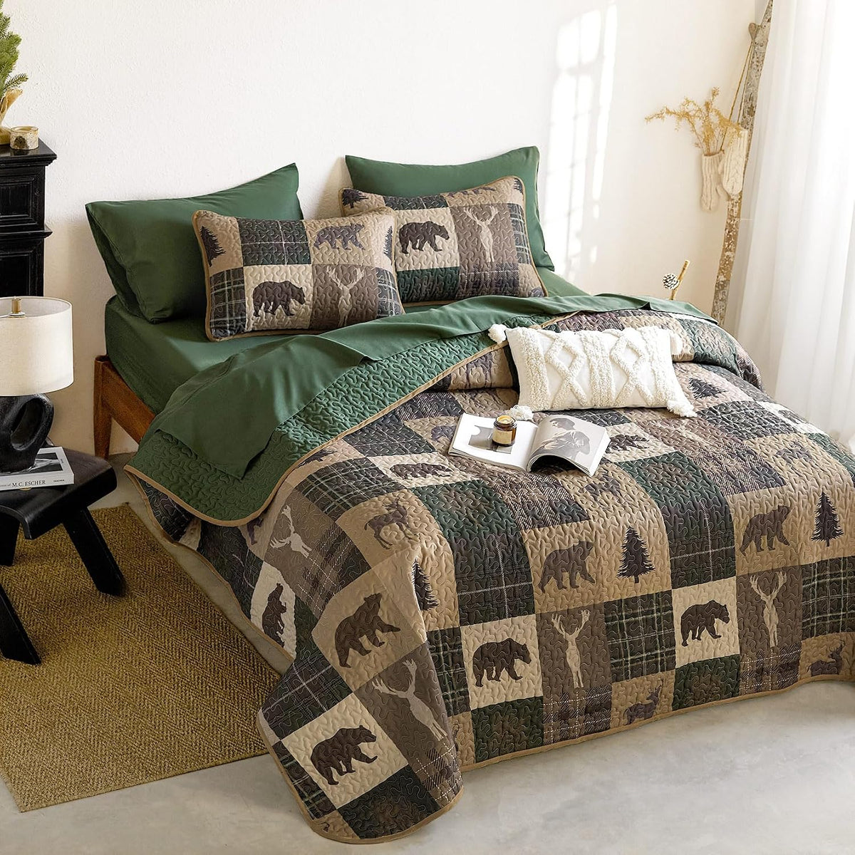 Rustic Bear Deer Brown & Green Cabin 3 Piece Quilt Set
