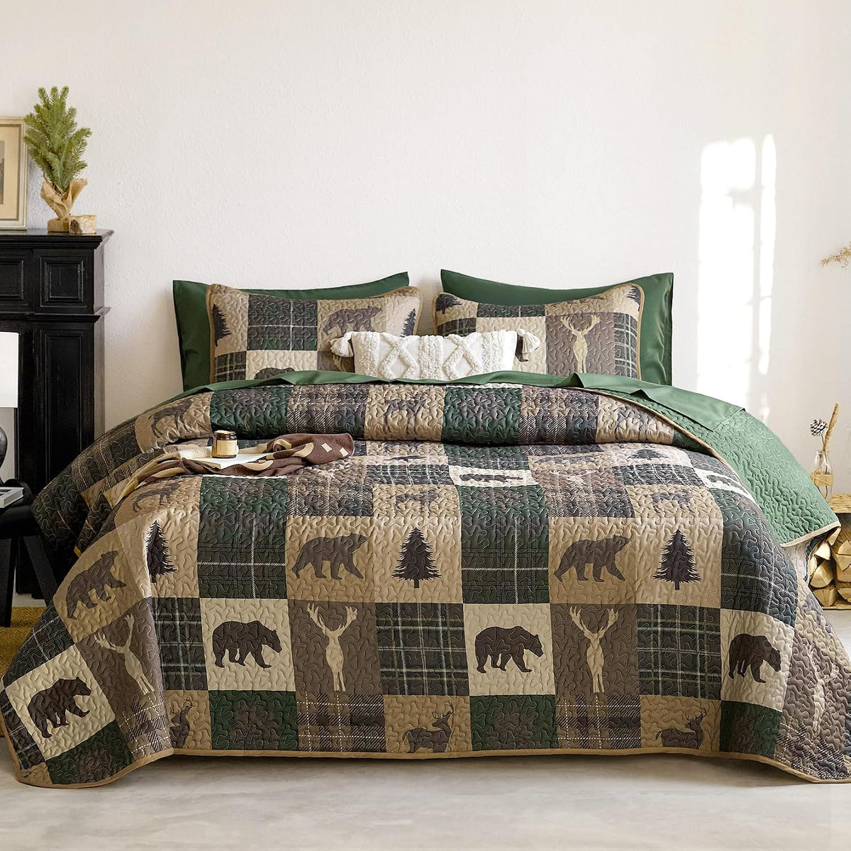 Rustic Bear Deer Brown & Green Cabin 3 Piece Quilt Set