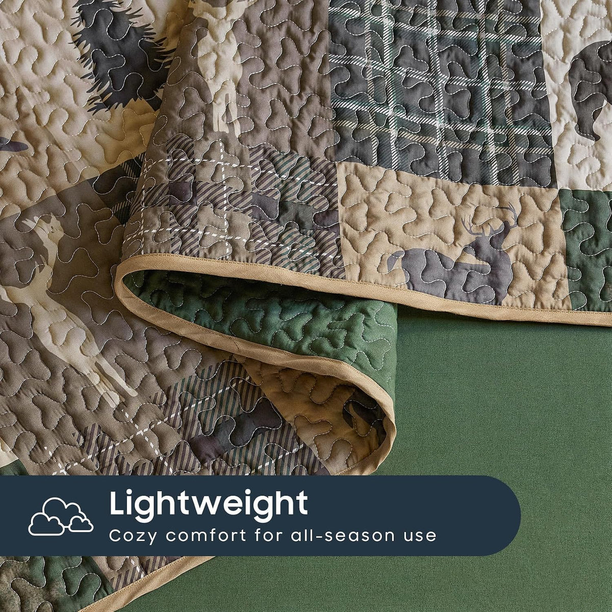 Rustic Bear Deer Brown & Green Cabin 3 Piece Quilt Set