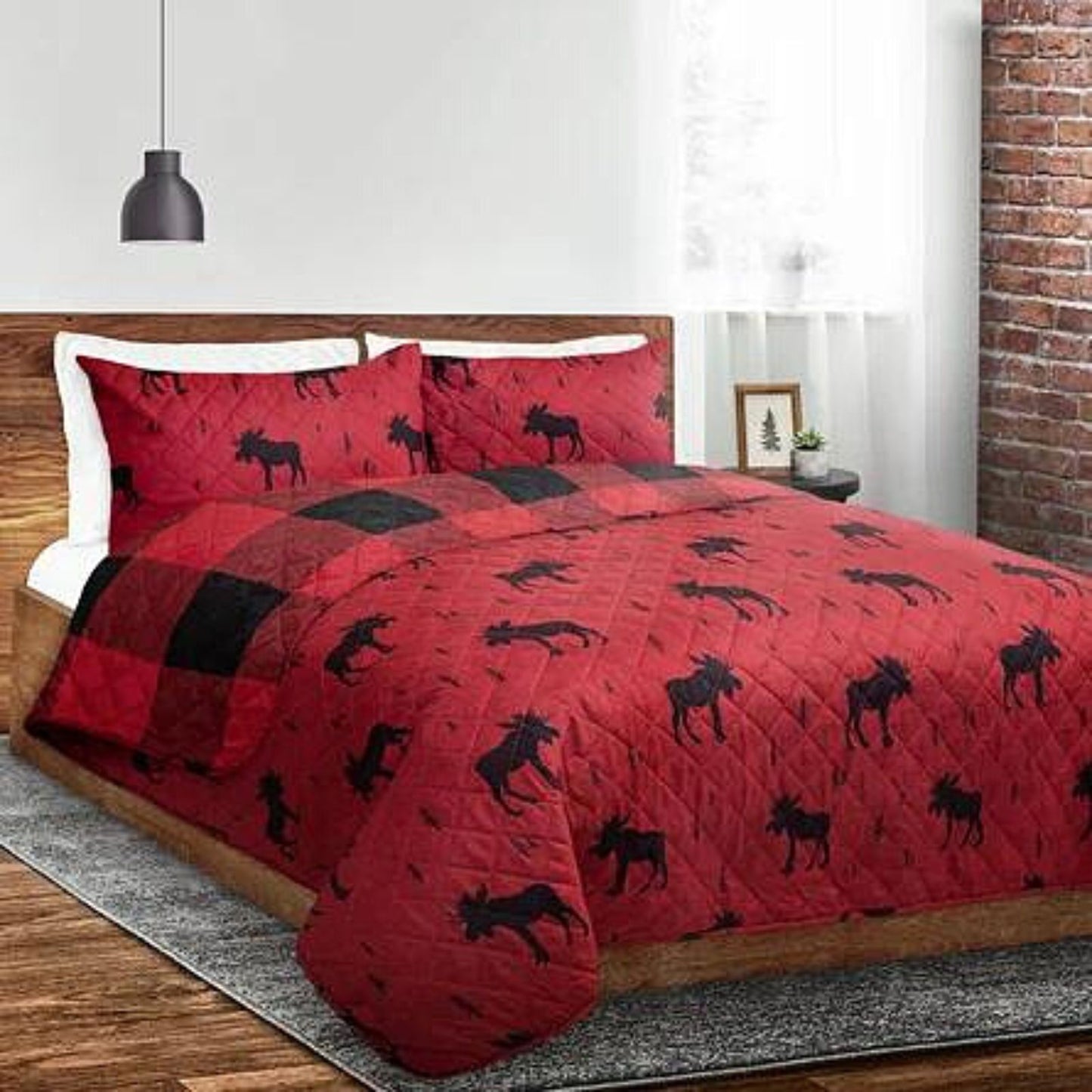 Red Black Buffalo Plaid Moose 3 Piece Bedding Quilt Set