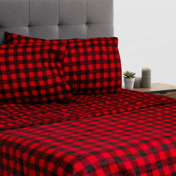 Buffalo Plaid with Antler Motifs Deep Pocket 4 Piece Sheet Set