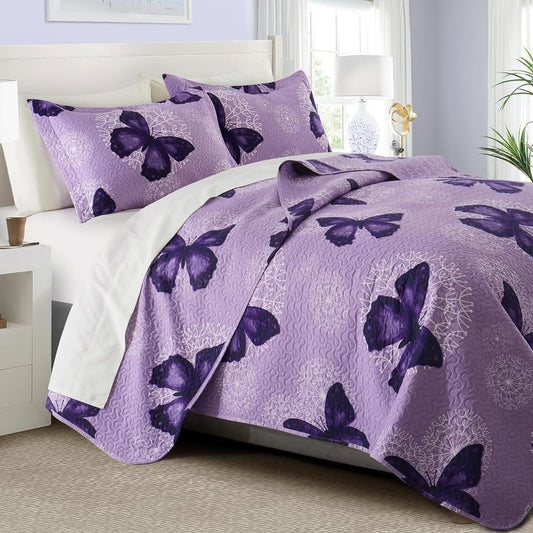 Purple Butterflies 3 Piece Bedding Quilt Set