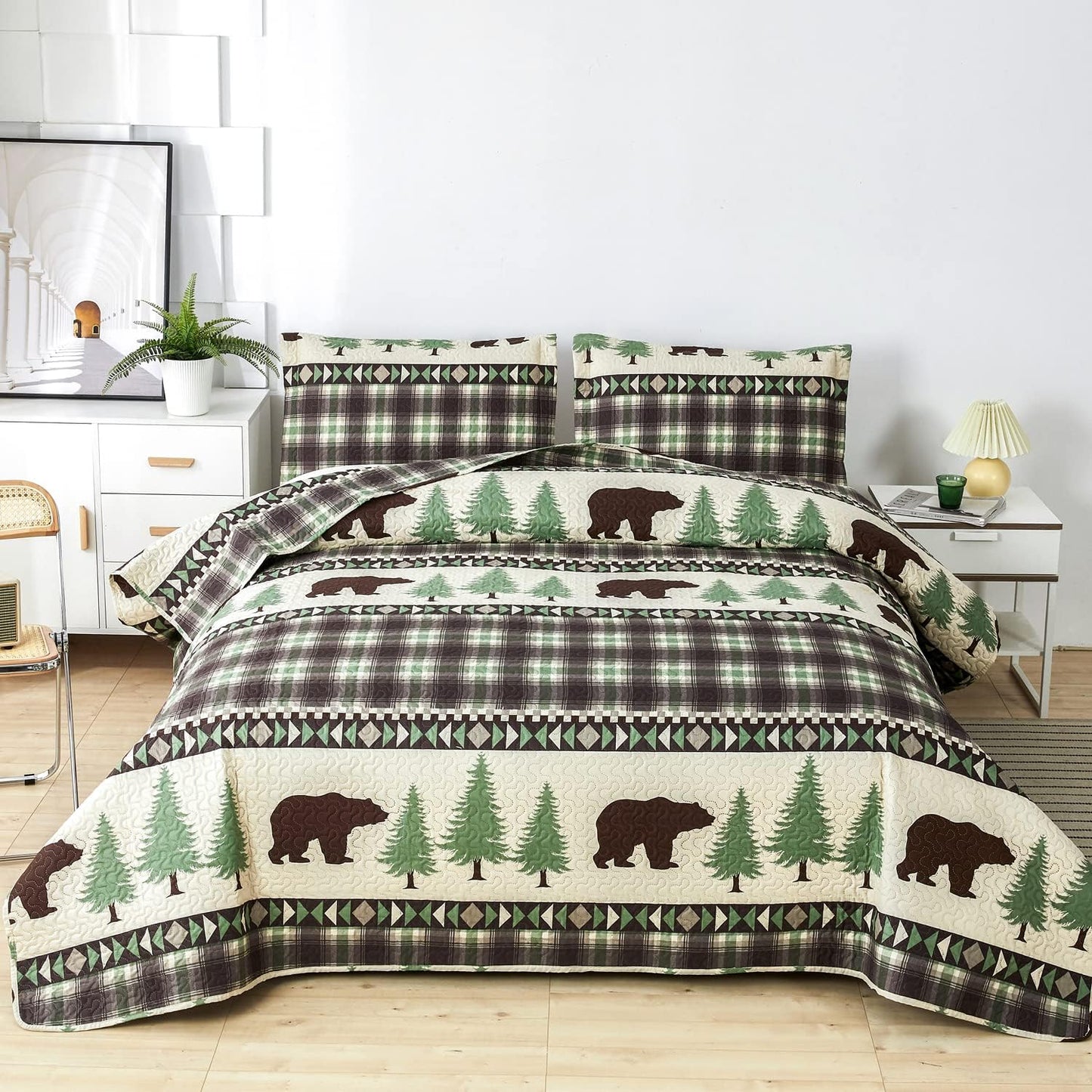 Cabin Bear Brown & Green 3 Piece Bedspread Set