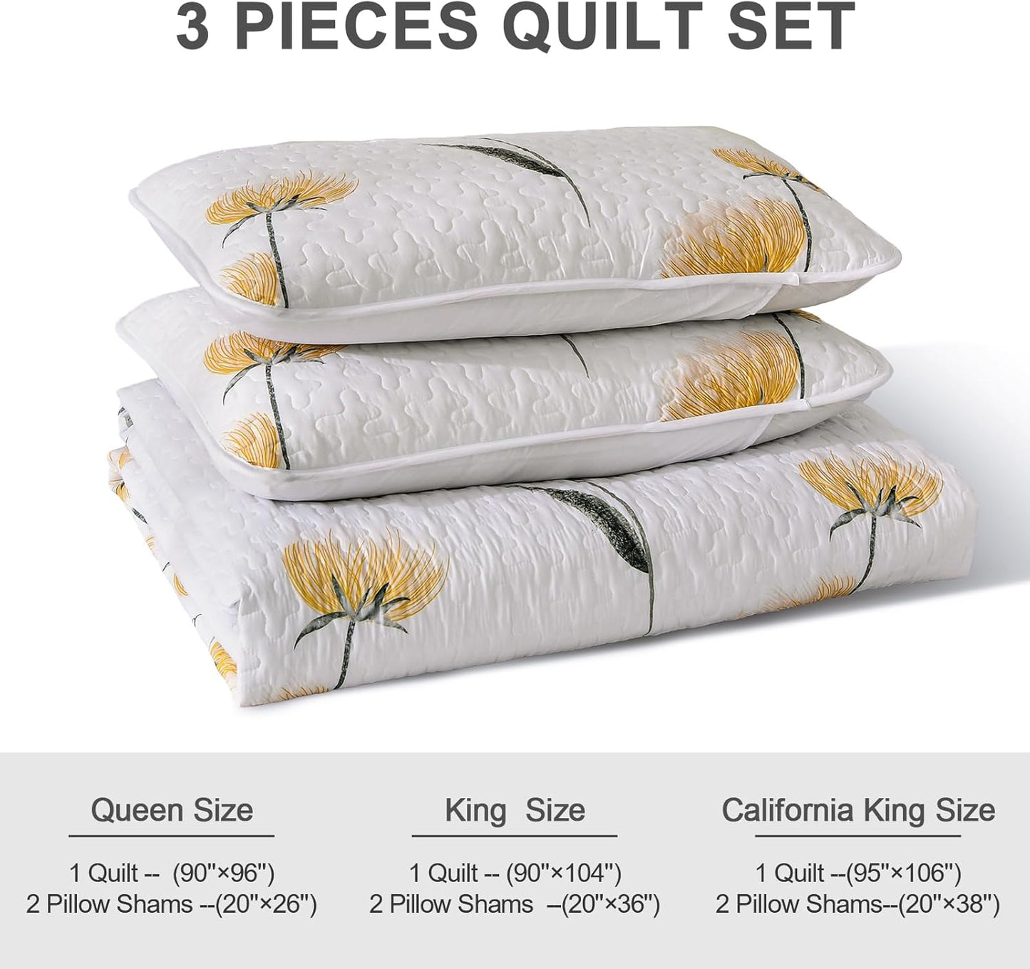 Yellow Floral 3 Piece Bedding Quilt Set