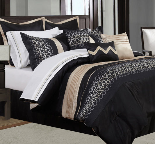 Black & Champagne 7 Piece Comforter Set (Includes 3 Cushions)
