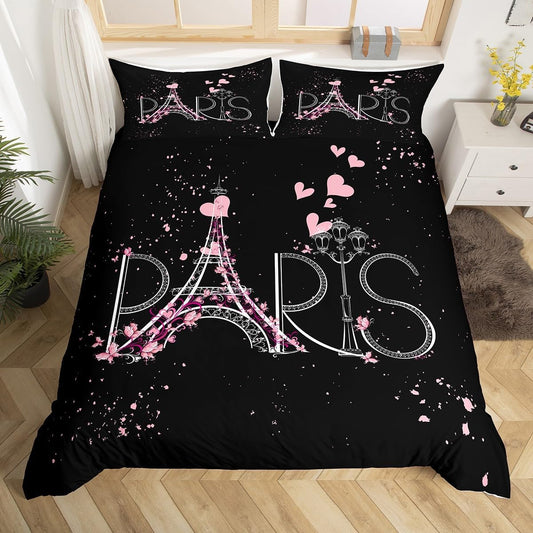 Black & Pink Eiffel Tower 3 Piece Duvet Cover Set