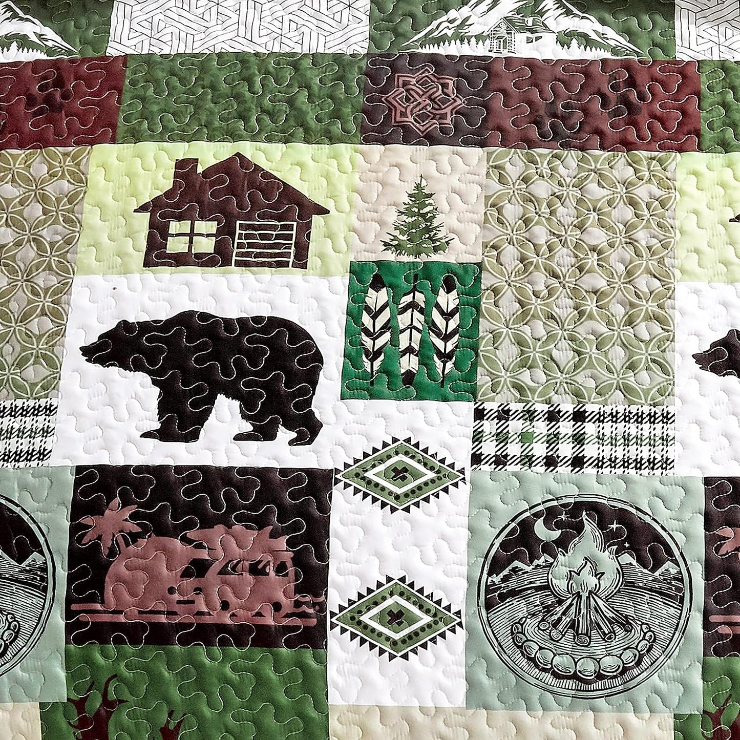 Ensemble de couvre-lit 3 pièces rustique ours et éléphant marron et vert