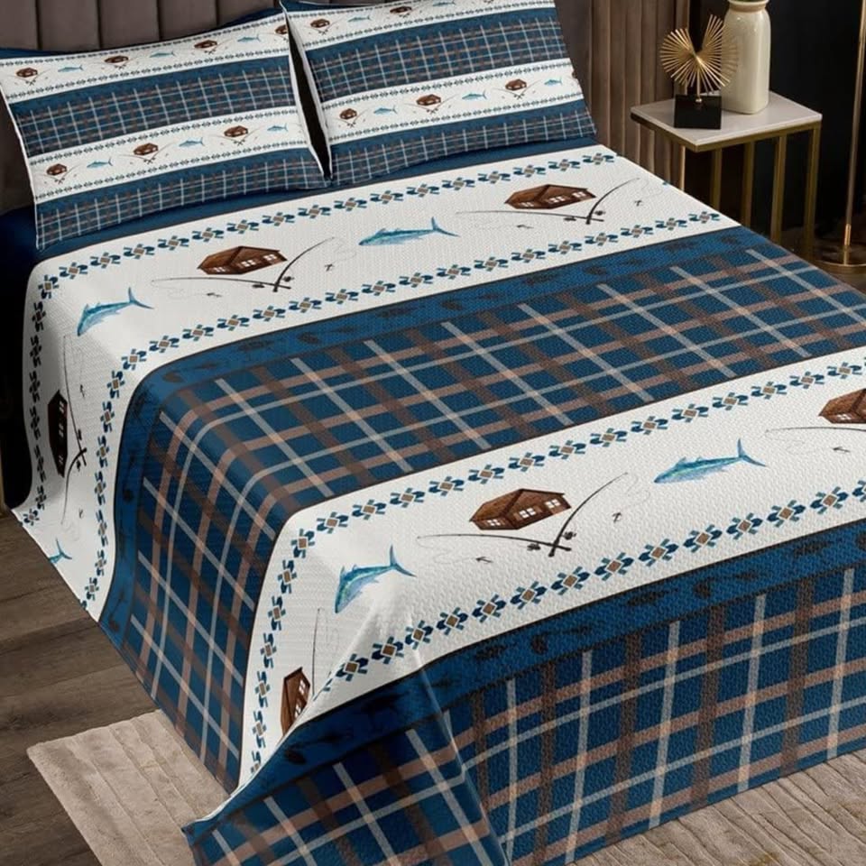 Cabin Lodge Gone Fishing Blue & Taupe Bedspread Set