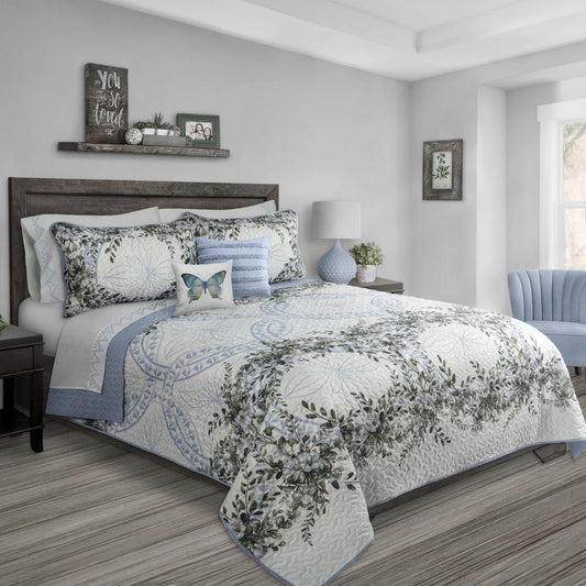 Blue Oasis Floral Reversible 3 Piece Bedding Quilt Set