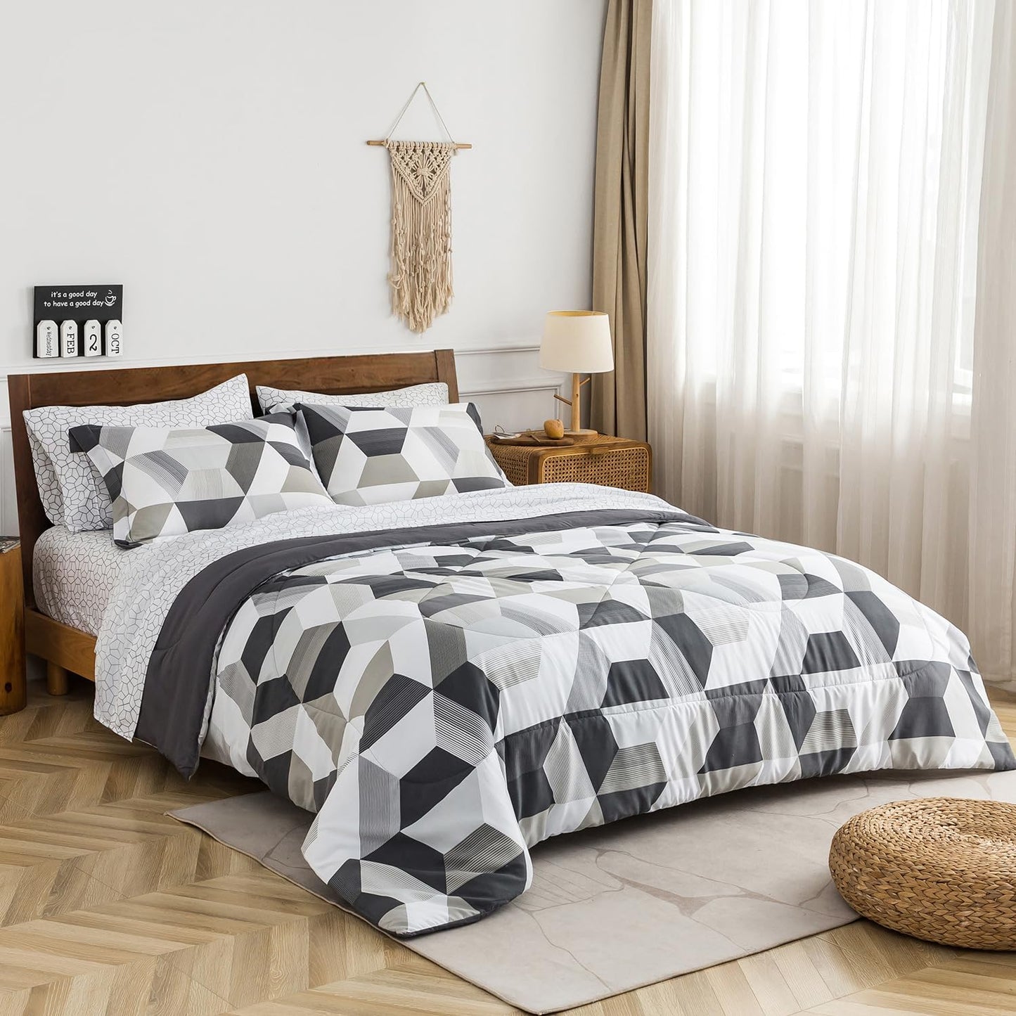 White & Grey 7 Piece Geometric Shapes Comforter Set