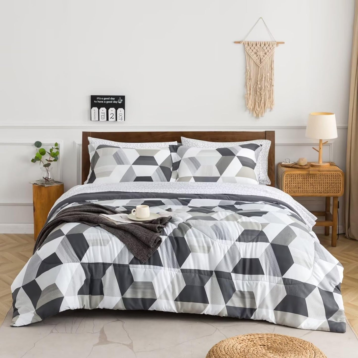 White & Grey 7 Piece Geometric Shapes Comforter Set