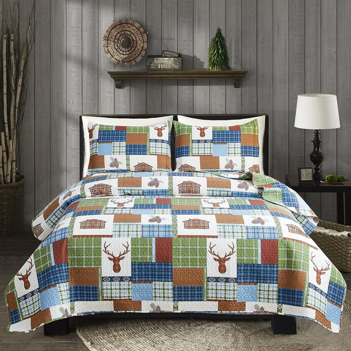 Rustic Deer Gingham Plaid Blue Brown & Green 3 Piece Bedspread Set