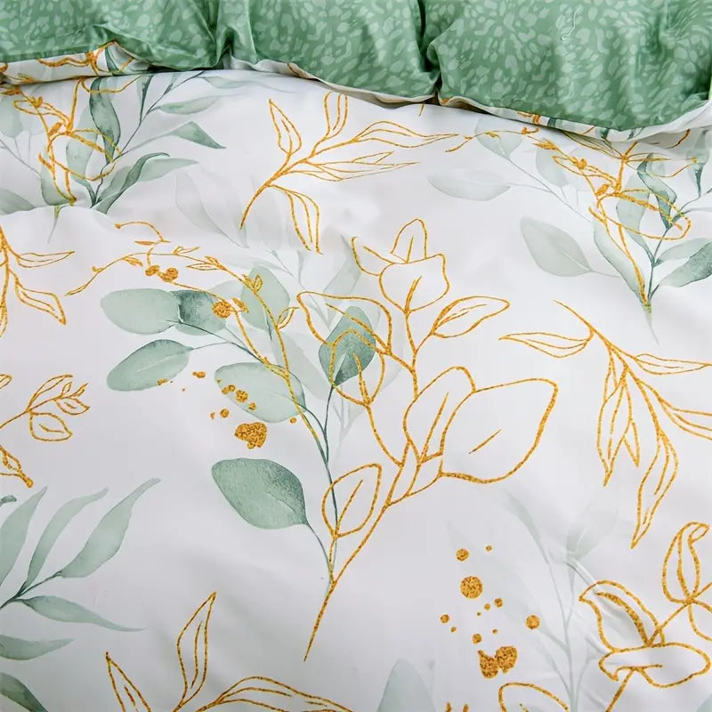 Botanical Green & Gold Leaves Floral - 3 Piece Duvet Cover Set