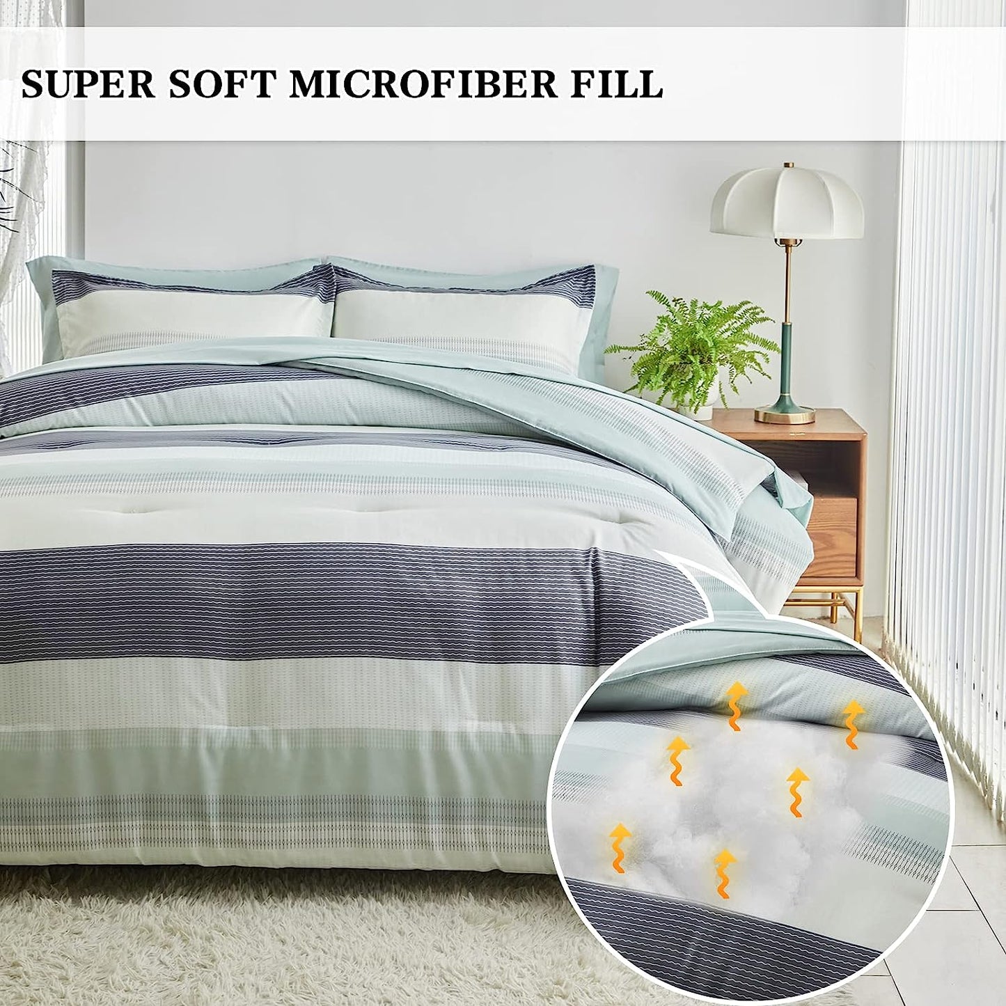 Boho Striped Grey/Green/White Reversible 7 Piece Comforter Set
