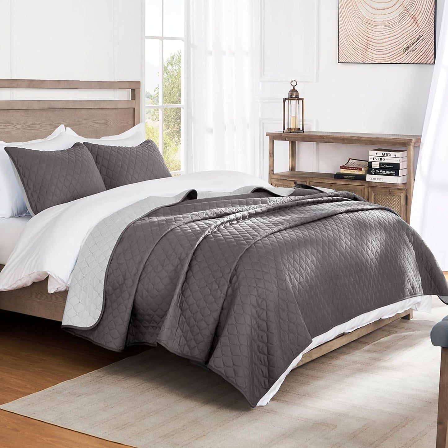 Solid Grey 3 Piece Lightweight Bedding Quilt Set