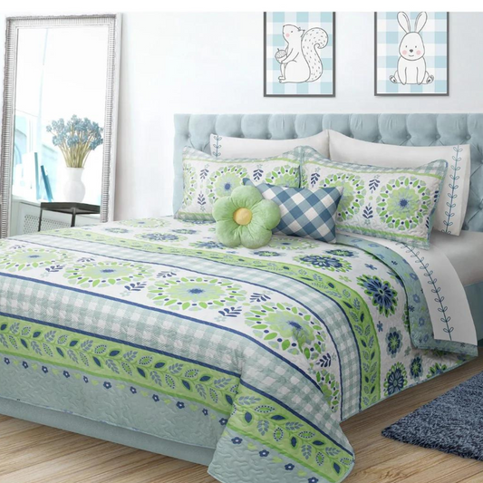 Blue & Green Floral Reversible 3 Piece Bedding Quilt Set