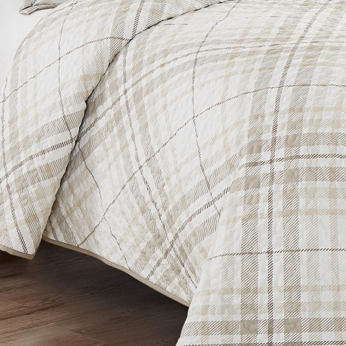 Beige Taupe Brown Plaid 3 Piece Bedding Quilt Set