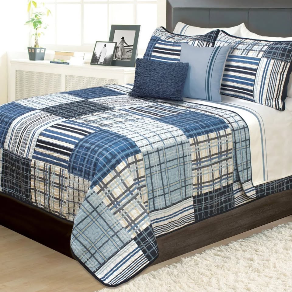 Rustic Navy Plaid Patchwork 3 Piece Quilt Set