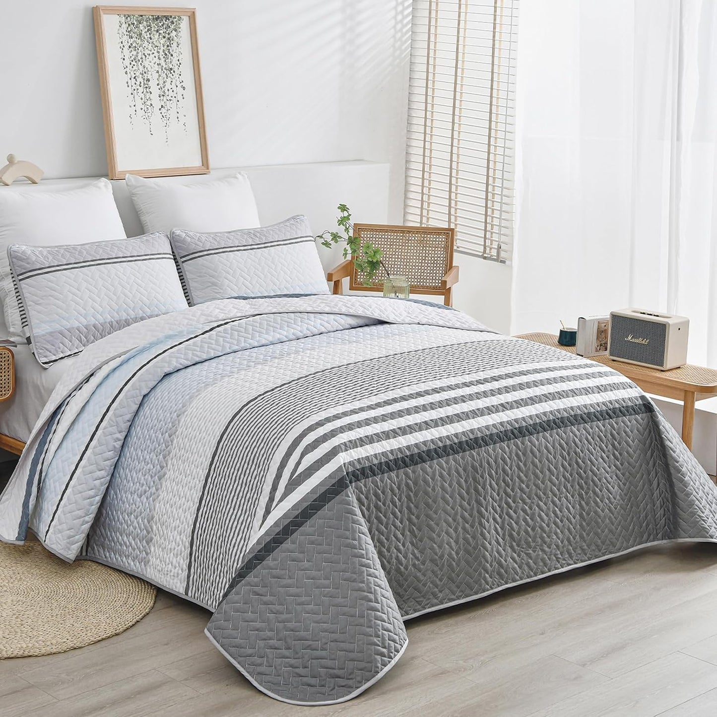 Boho Grey & Blue Stripes Reversible Bedding Quilt Set