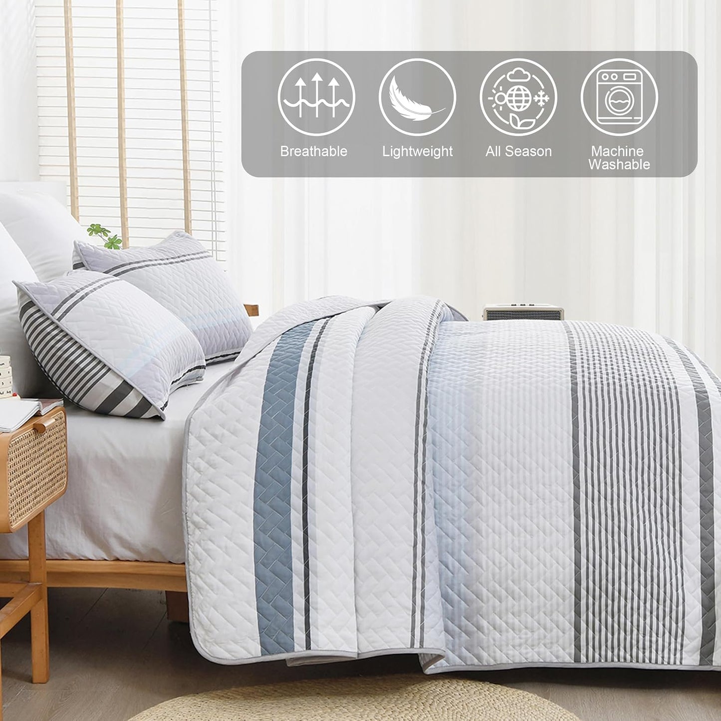 Boho Grey & Blue Stripes Reversible Bedding Quilt Set