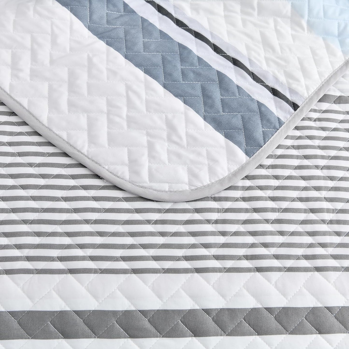 Boho Grey & Blue Stripes Reversible Bedding Quilt Set