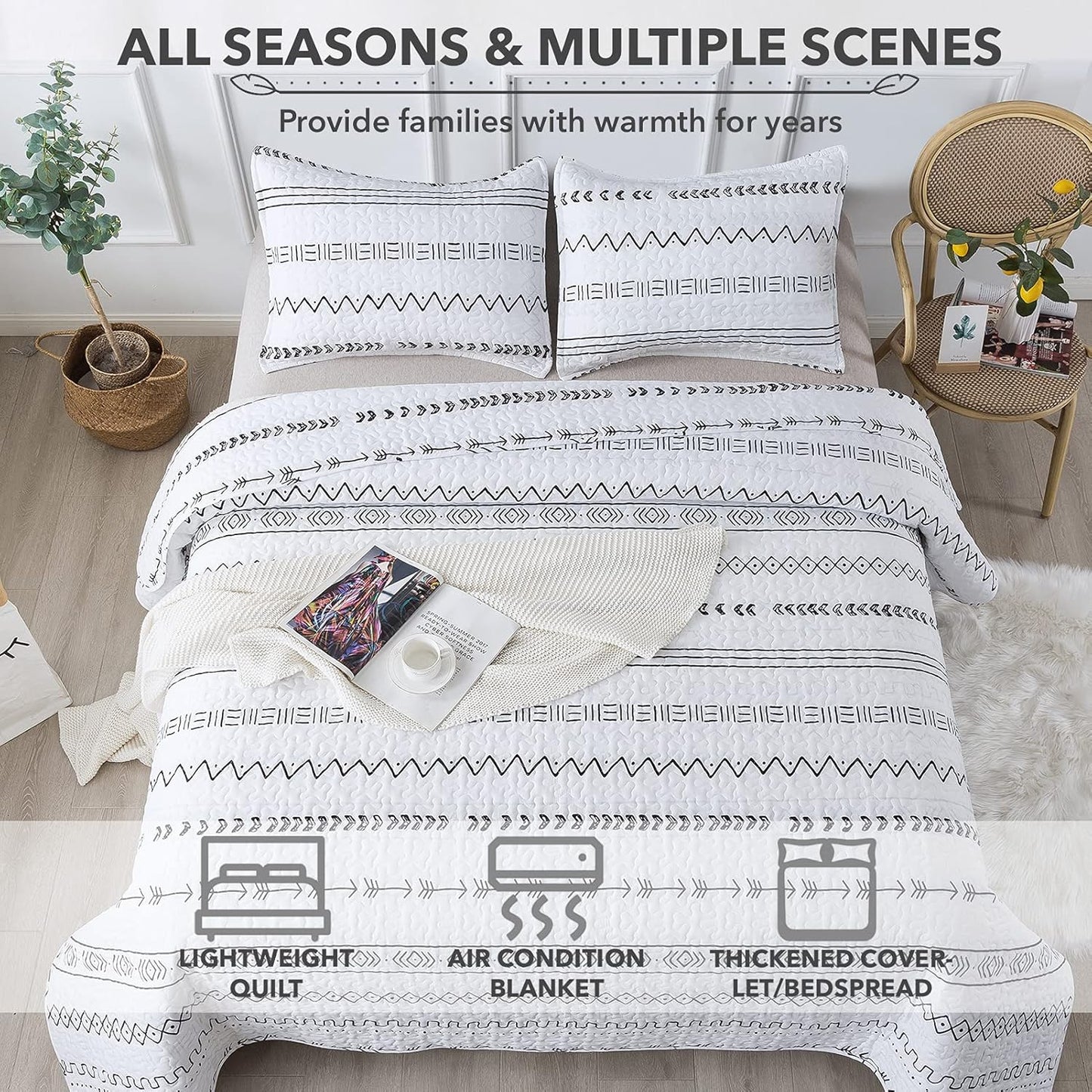 Boho Aztec White & Black Reversible 3 Piece Quilt Set