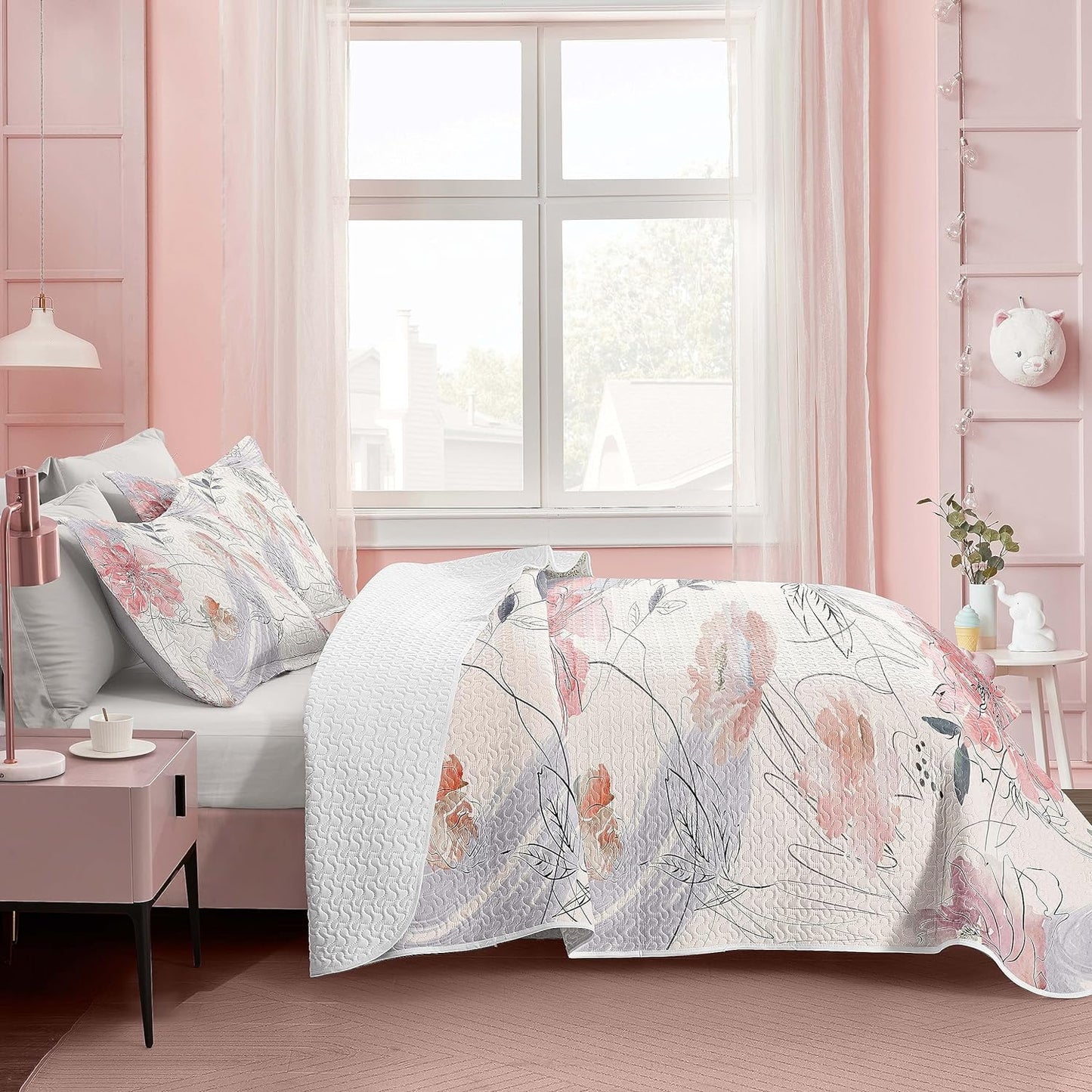 Pink Abstract Floral Reversible 3 Piece Quilt Set